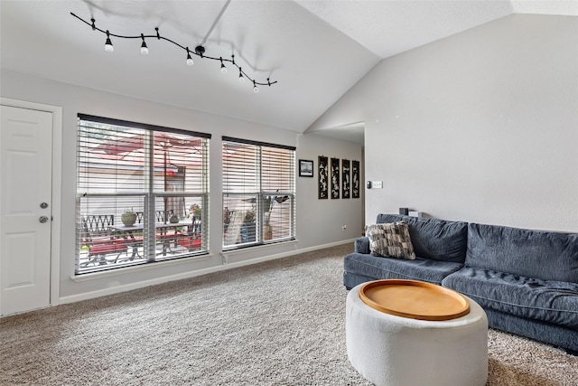 2806 Spring Dusk Ln, Spring, TX 77373 - living room featuring lofted ceiling and carpet