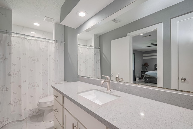 12206 Green Glade Dr, Houston, TX 77099 - bathroom featuring vanity, ensuite bath, recessed lighting, curtained shower, and marble finish floors