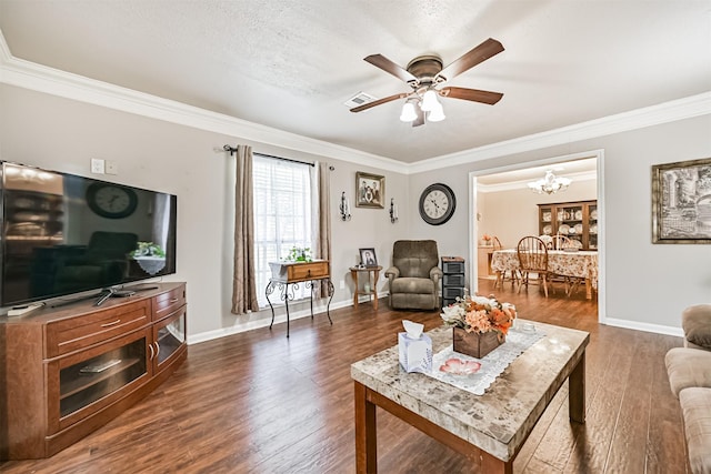 114 Wyndwood Dr, Seabrook, TX 77586 - living area featuring a ceiling fan, crown molding, dark wood-type flooring, and a chandelier