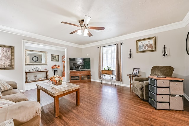 114 Wyndwood Dr, Seabrook, TX 77586 - living room featuring ceiling fan, wood finished floors, and crown molding