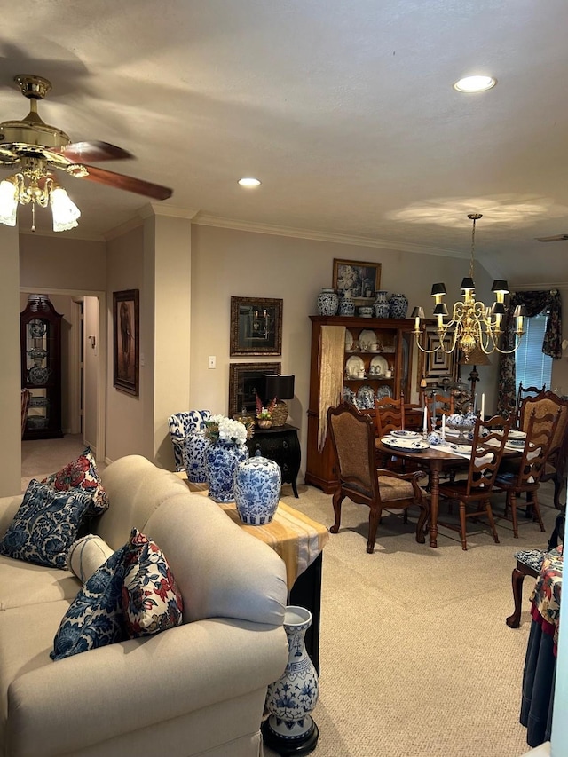 1110 Ivy Ave, Deer Park, TX 77536 - living room with light carpet, a ceiling fan, a chandelier, ornamental molding, and recessed lighting