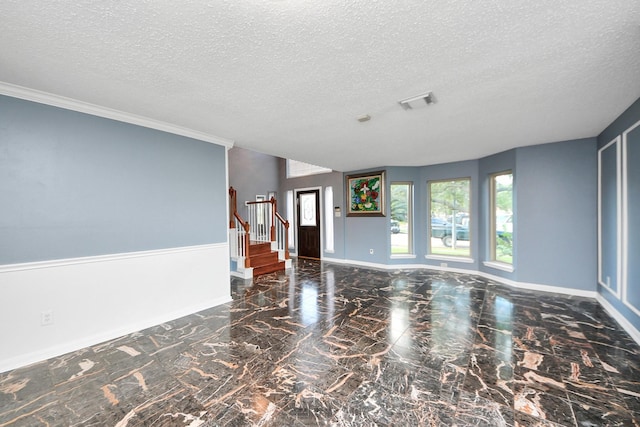 14907 Leila Oaks Cir, Houston, TX 77082 - unfurnished living room featuring a textured ceiling, stairway, and marble tiled floors