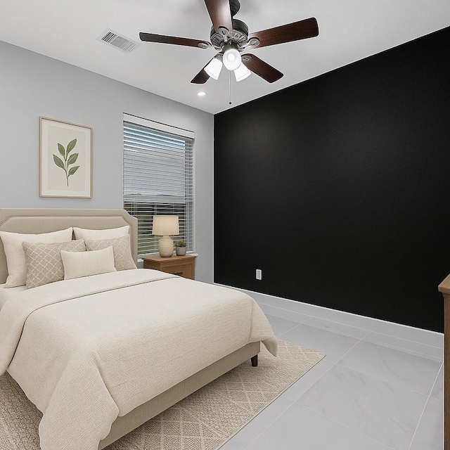 706 Overdell Dr, Sugar Land, TX 77479 - bedroom with ceiling fan and light marble finish floors