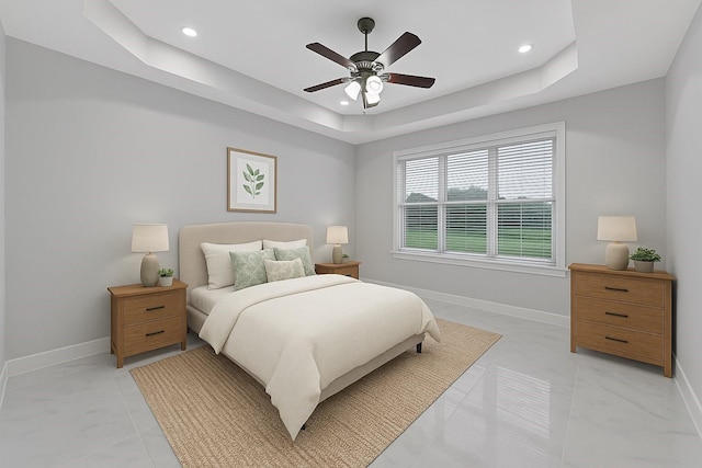 706 Overdell Dr, Sugar Land, TX 77479 - bedroom with a tray ceiling, recessed lighting, and ceiling fan