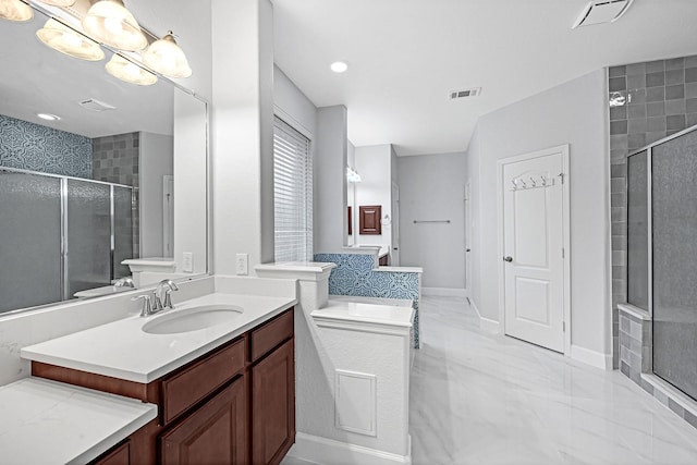 706 Overdell Dr, Sugar Land, TX 77479 - full bath with vanity, a stall shower, marble finish flooring, and recessed lighting