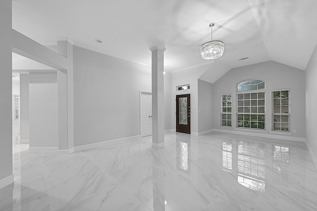 706 Overdell Dr, Sugar Land, TX 77479 - unfurnished living room featuring marble finish flooring, vaulted ceiling, a chandelier, decorative columns, and crown molding