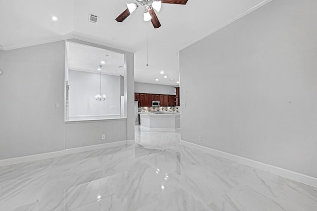 706 Overdell Dr, Sugar Land, TX 77479 - unfurnished living room with ceiling fan, light marble finish floors, recessed lighting, and a chandelier