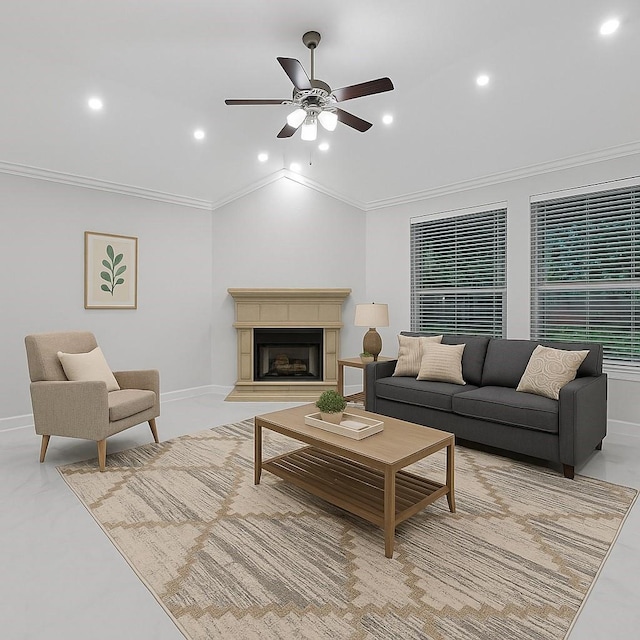 706 Overdell Dr, Sugar Land, TX 77479 - living area featuring recessed lighting, ceiling fan, ornamental molding, a fireplace, and vaulted ceiling