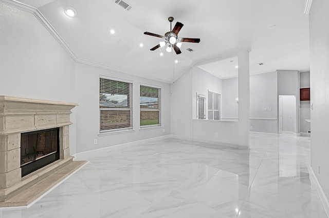 706 Overdell Dr, Sugar Land, TX 77479 - unfurnished living room with ceiling fan, light marble finish floors, recessed lighting, a fireplace with raised hearth, and crown molding
