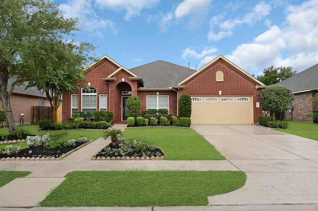 706 Overdell Dr, Sugar Land, TX 77479 - ranch-style house featuring brick siding, a front yard, a garage, concrete driveway, and roof with shingles