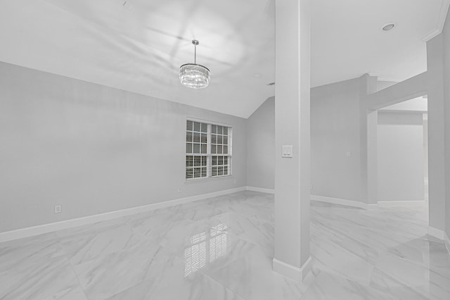 706 Overdell Dr, Sugar Land, TX 77479 - spare room with light marble finish flooring, lofted ceiling, and a chandelier