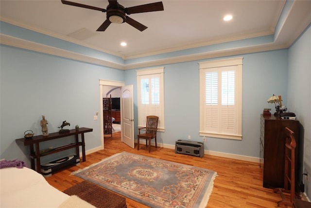 212 Greenwood St, Houston, TX 77011 - bedroom featuring ornamental molding, wood finished floors, recessed lighting, and ceiling fan
