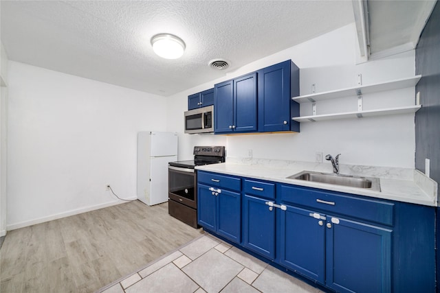1309 Jefferson St, Baytown, TX 77520 - kitchen with appliances with stainless steel finishes, blue cabinets, open shelves, light countertops, and a textured ceiling
