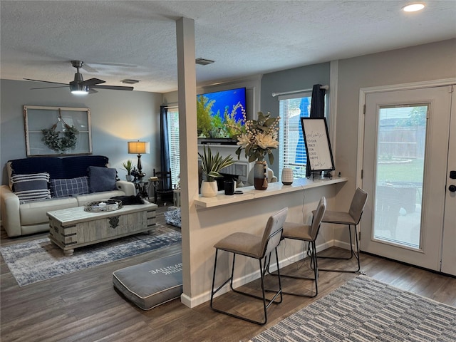 128 Hidden Lake Dr, League City, TX 77573 - living room featuring plenty of natural light, wood finished floors, ceiling fan, and a textured ceiling