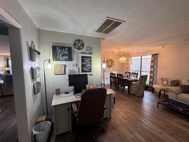 128 Hidden Lake Dr, League City, TX 77573 - office with a textured ceiling, dark wood-style flooring, and a chandelier