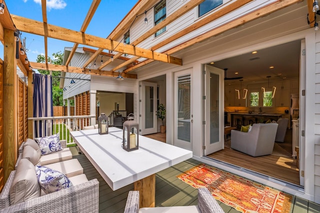 1543 Columbia St, Houston, TX 77008 - wooden deck with outdoor lounge area, a pergola, and outdoor dining space