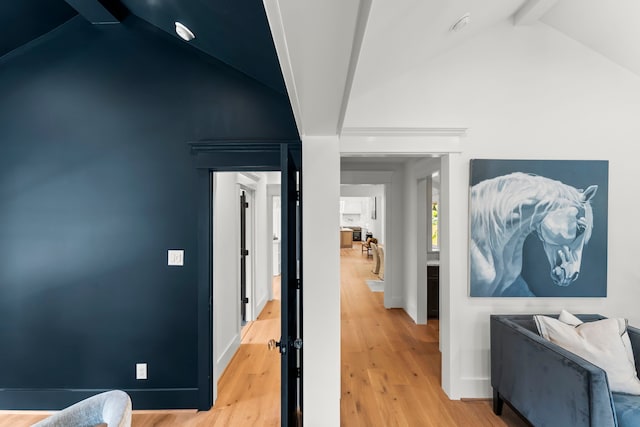 1543 Columbia St, Houston, TX 77008 - hall featuring beamed ceiling, light wood-style flooring, and high vaulted ceiling