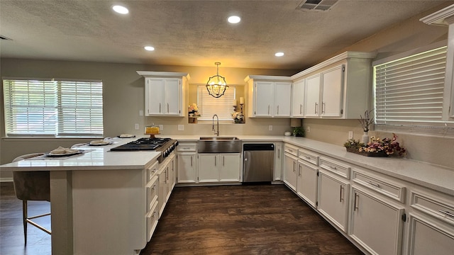2402 Heather St, Highlands, TX 77562 - kitchen with stainless steel appliances, a peninsula, recessed lighting, dark wood-style flooring, and light countertops