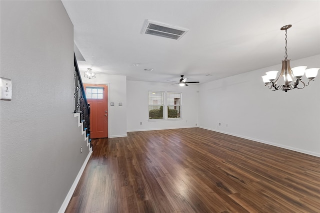 2623 Woodridge Cove Dr, Houston, TX 77087 - unfurnished living room featuring a chandelier, dark wood finished floors, and a ceiling fan