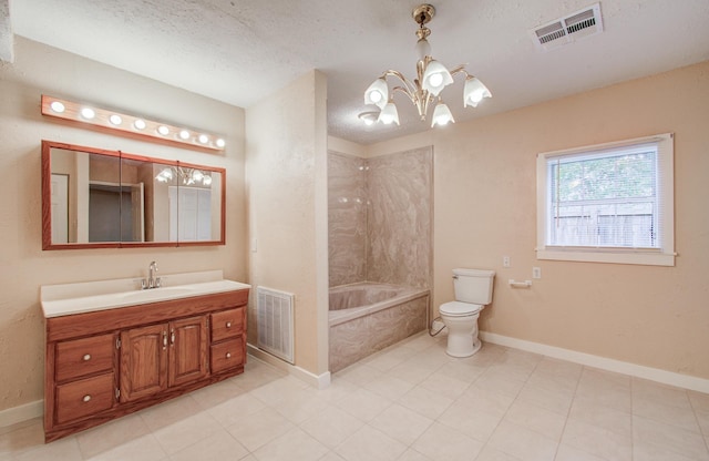 810 Roosevelt St, Sealy, TX 77474 - bathroom with a textured ceiling, a chandelier, vanity, a combined bath / shower with marble appearance, and tile patterned flooring