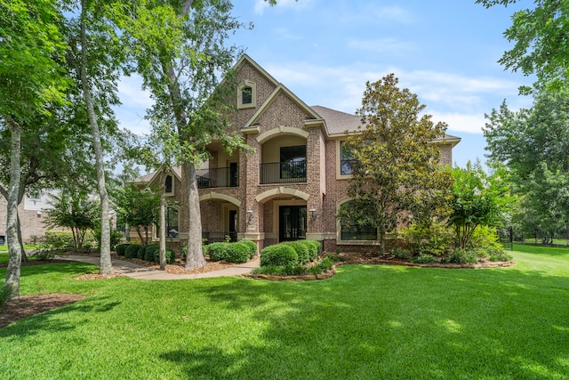 52 Tall Trl, Missouri City, TX 77459 - traditional home featuring a balcony, brick siding, and a front lawn