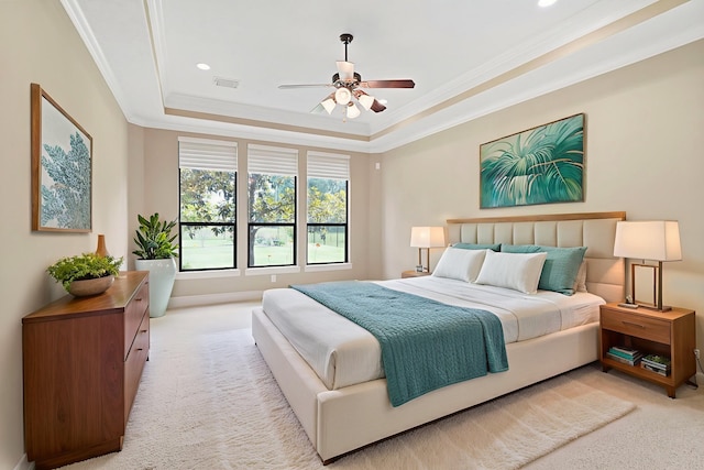 52 Tall Trl, Missouri City, TX 77459 - bedroom with light colored carpet, crown molding, a raised ceiling, ceiling fan, and recessed lighting