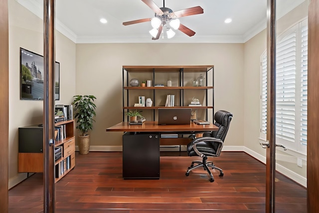 52 Tall Trl, Missouri City, TX 77459 - home office featuring crown molding, dark wood-type flooring, ceiling fan, and recessed lighting
