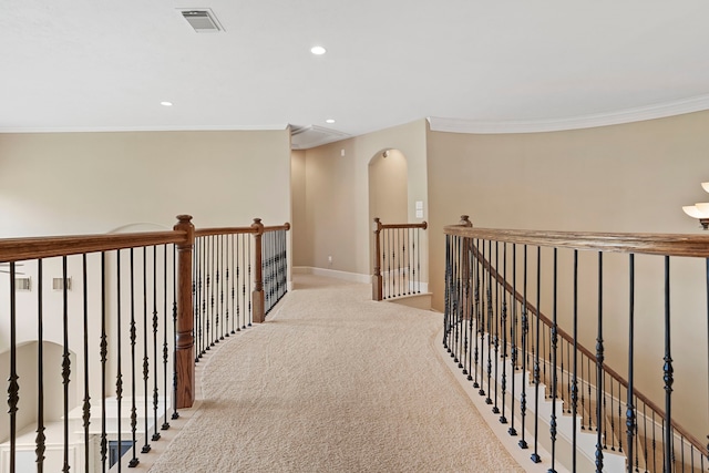 52 Tall Trl, Missouri City, TX 77459 - hall featuring an upstairs landing, crown molding, carpet, and recessed lighting