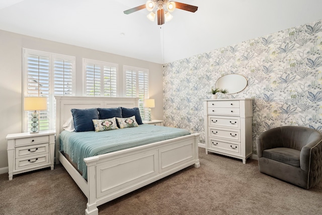 10118 Cypress Path, Missouri City, TX 77459 - bedroom featuring dark carpet, wallpapered walls, and ceiling fan