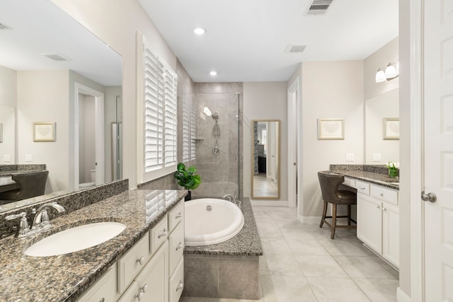 10118 Cypress Path, Missouri City, TX 77459 - bathroom with a shower stall, a bath, vanity, recessed lighting, and tile patterned floors