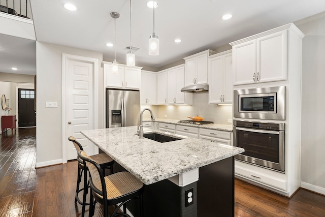 10118 Cypress Path, Missouri City, TX 77459 - kitchen with stainless steel appliances, under cabinet range hood, dark wood-style flooring, white cabinets, and recessed lighting
