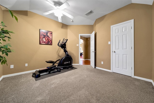 22710 Sierra Lake Ct, Katy, TX 77494 - workout room with a ceiling fan, lofted ceiling, and carpet flooring