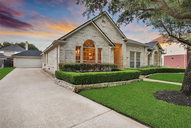 22710 Sierra Lake Ct, Katy, TX 77494 - view of front of property with a front yard, brick siding, stone siding, and a detached garage
