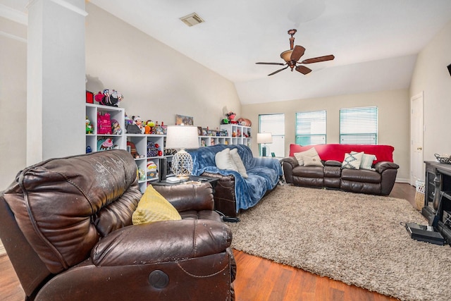 305 Pinnacle Cove Ct, League City, TX 77573 - living area featuring lofted ceiling, ceiling fan, and wood finished floors