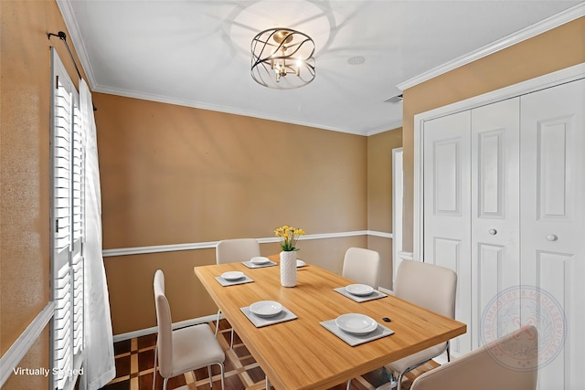 2802 Sandpebble Dr, Seabrook, TX 77586 - dining space with crown molding and a chandelier