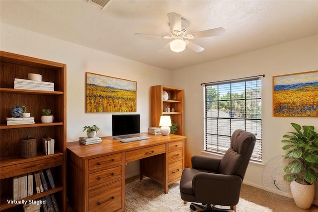 2802 Sandpebble Dr, Seabrook, TX 77586 - home office featuring light carpet and a ceiling fan