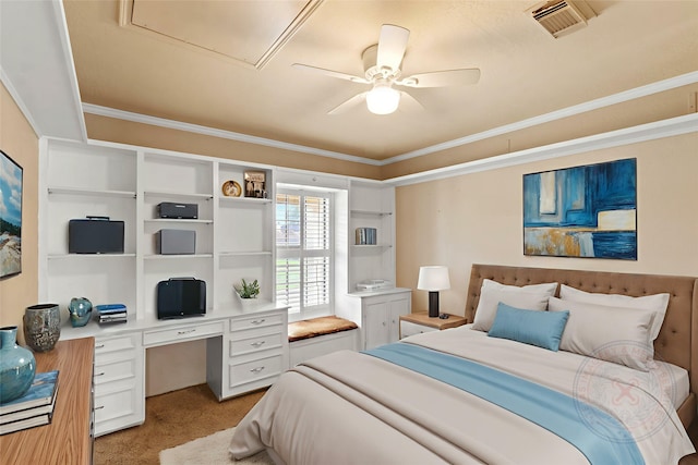 2802 Sandpebble Dr, Seabrook, TX 77586 - bedroom with light colored carpet, ornamental molding, built in desk, and ceiling fan