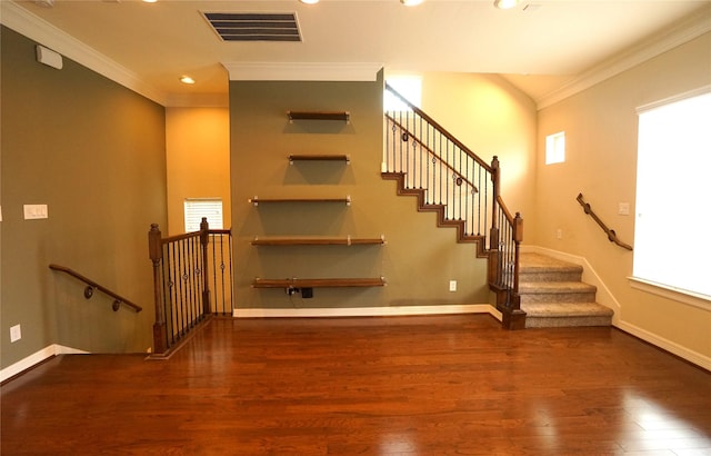 12248 Oxford Crescent Cir, Houston, TX 77082 - staircase featuring crown molding, wood finished floors, plenty of natural light, and recessed lighting