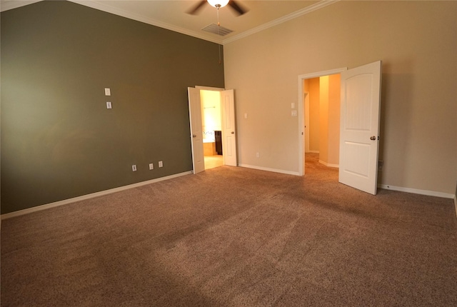 12248 Oxford Crescent Cir, Houston, TX 77082 - unfurnished bedroom featuring crown molding, carpet floors, a ceiling fan, and a high ceiling