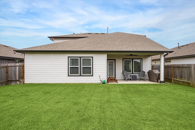 7714 Cattleman Valley Dr, Rosharon, TX 77583 - rear view of house featuring a fenced backyard, a shingled roof, ceiling fan, and a patio