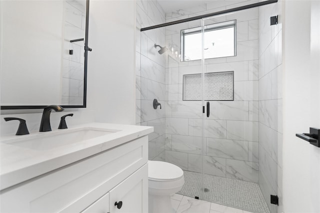 1124 Hogan St, Houston, TX 77009 - full bathroom with vanity, marble look tiles, and a shower stall