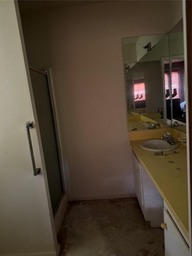 5050 Nassau Rd, Houston, TX 77021 - bathroom with a stall shower, vanity, and concrete flooring