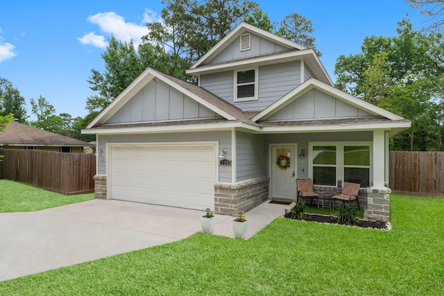 719 Cherokee Dr, Conroe, TX 77316 - view of front of home featuring board and batten siding, a porch, a shingled roof, concrete driveway, and brick siding