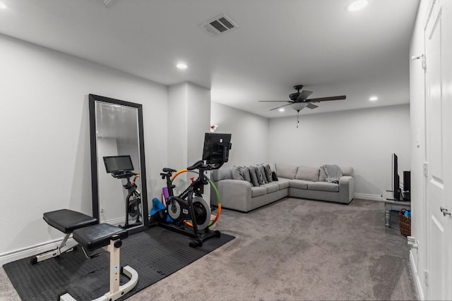 719 Cherokee Dr, Conroe, TX 77316 - workout area featuring recessed lighting, a ceiling fan, and carpet floors