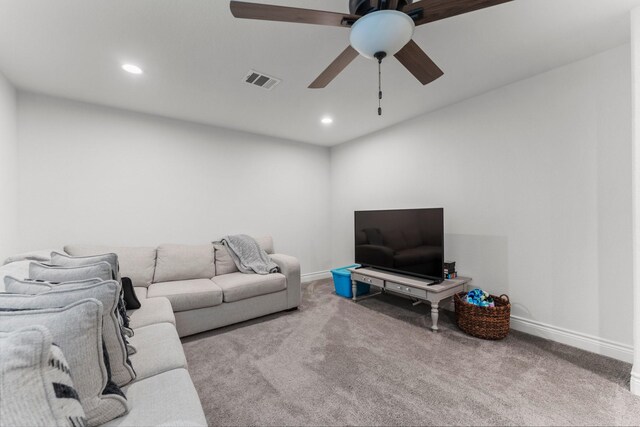 719 Cherokee Dr, Conroe, TX 77316 - living area featuring carpet floors, recessed lighting, and a ceiling fan