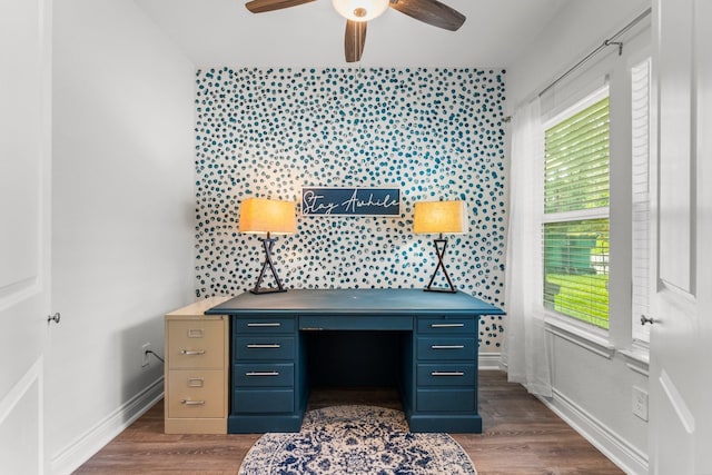 719 Cherokee Dr, Conroe, TX 77316 - office area with a ceiling fan and dark wood finished floors