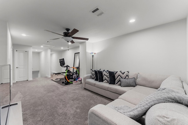 719 Cherokee Dr, Conroe, TX 77316 - living room featuring carpet flooring, recessed lighting, and ceiling fan