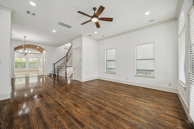 5411 Gibson St, Houston, TX 77007 - unfurnished living room with a chandelier, stairs, wood finished floors, a ceiling fan, and recessed lighting