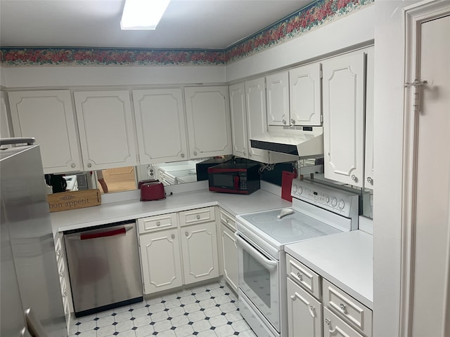 5050 Ambassador Way Unit 201, Houston, TX 77056 - kitchen with electric stove, dishwasher, under cabinet range hood, white cabinets, and light flooring