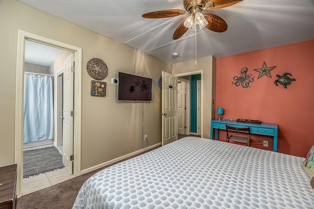 1315 40th St, Rear, Galveston, TX 77550 - tiled bedroom featuring carpet and a ceiling fan